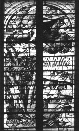 Glas-in-lood raam met scène uit de Apocalyps, detail: De eerste bazuin klinkt: hagel, vuur en bloed worden op aarde gestort (Opening van het zevende zegel)