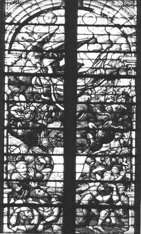 Glas-in-lood raam met scène uit de Apocalyps, detail: De vijfde bazuin klinkt: sprinkhanenplaag (Opening van het zevende zegel)