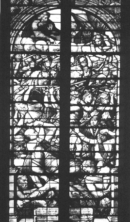 Glas-in-lood raam met scène uit de Apocalyps, detail: De zesde bazuin klinkt: de vier doodsengelen worden losgelaten (Opening van het zevende zegel)