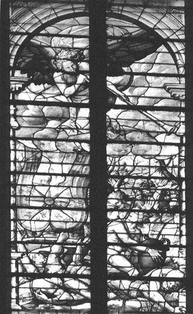 Glas-in-lood raam met scène uit de Apocalyps, detail: De derde bazuin klinkt: een brandende ster (Alsem) vergiftigt de rivieren en fonteinen  (Opening van het zevende zegel)