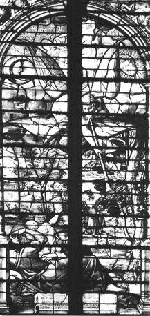 Glas-in-lood raam met scène uit de Apocalyps, detail: De vierde bazuin klinkt: de zon, de maan en de sterren worden gedeeltelijk verduisterd