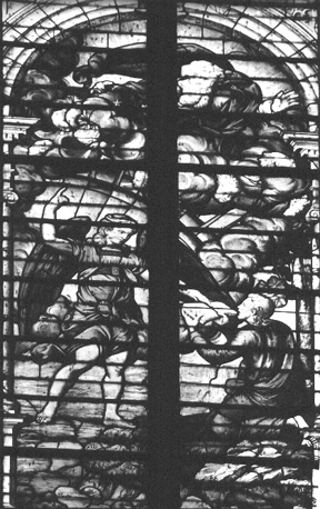 Glas-in-lood raam met scène uit de Apocalyps, detail: Johannes neemt het kleine boek van de engel en eet het op