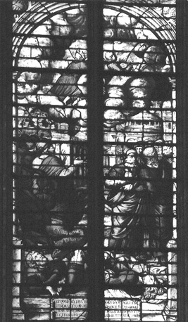 Glas-in-lood raam met scène uit de Apocalyps, detail: Prediking en hemelvaart van de twee getuigen van God