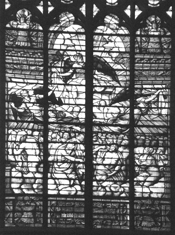 Glas-in-lood raam met scène uit de Apocalyps, detail: Opening van vijfde zegel: witte kleden gegeven aan de martelaren onder het altaar