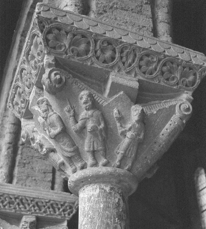 Kloostergang, westelijke galerij, kapiteel nr.67: Isaï stelt zijn zonen, behalve David, aan Samuël voor (I.Sam.16,1-13)