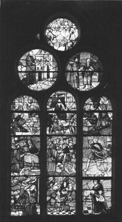 Glas-in-lood raam, scènes uit het leven van een heilige (Sint Ives ?)