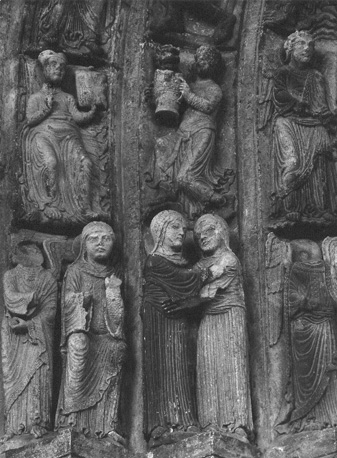 Narthex, timpaan, voussures, detail: Maria en Elizabeth, 'Visitatie'