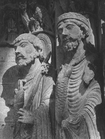 Narthex, statues-colonnes (detail): Petrus en Salomo