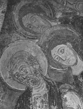 Fresco in absis, Christus in mandorla omgeven door de twaalf apostelen, detail: hoofden van drie apostelen