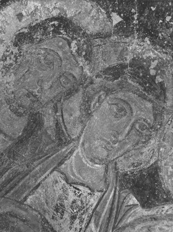 Fresco in absis, Christus in mandorla omgeven door de twaalf apostelen, detail: hoofden van twee apostelen