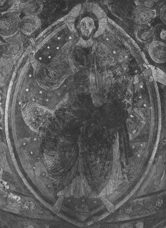 Detail absis; Christus in mandorla omgeven door de twaalf apostelen
