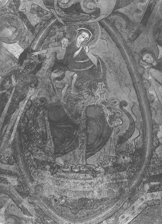 Crypte, absis: fresco met Maria met Christuskind , Christuskind kroont een heilige (met zwart gezicht)