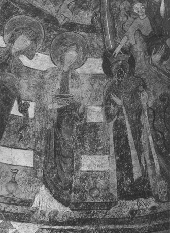 Crypte, absis: fresco met Maria met Christuskind , Christuskind kroont een heilige (met zwart gezicht), twee andere vrouwelijke heiligen met kroon in hun hand