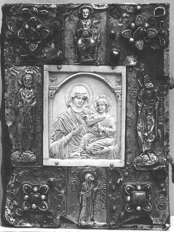 Boekband met ivoren Madonna- Hodegetria in het centrum, omringd door de heiligen Andreas, Petrus en Menna, en Christus. Op de hoeken ornamentale versieringen.
