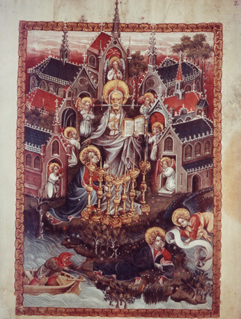 Miniatuur; scène uit de Apocalypse: Christus tussen zeven gouden kandelaars verschijnt aan Johannes; de zeven kerken