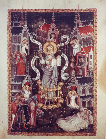 Miniatuur; scène uit de Apocalypse: Christus tussen zeven gouden kandelaars; de zeven kerken