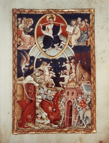 Miniatuur; scène uit de Apocalypse: het Oordeel; Satan geketend; de geliefde stad na duizend jaar weer aangevallen (Apoc.17)