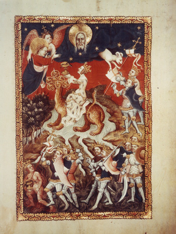 Miniatuur; scène uit de Apocalypse: een engel toont Johannes de hoer van Babylon gezeten op een zevenkoppig beest; koningen verjagen haar.