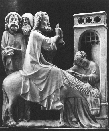 Reliëf: Intocht van Jezus in Jerusalem, Jezus met zegenend gebaar, op een ezel
