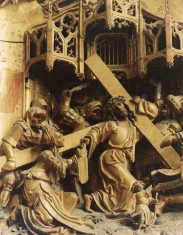 Passie-retabel, detail (links): Kruisdraging door Christus, Veronica met een doek