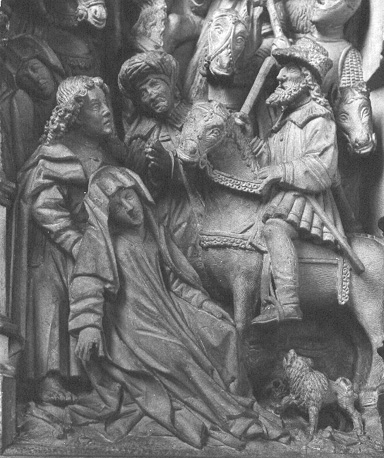 Passieretabel, centraal: Christus aan het kruis; detail: bijstaanders aan de voet van het kruis, waaronder Johannes de Evangelist en Maria (valt flauw)