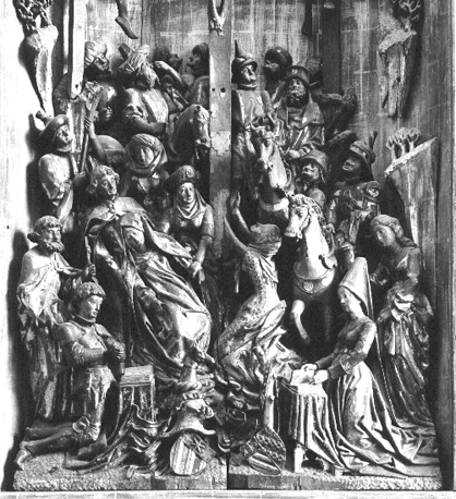 Retabel van Claudio Villa en Gentine Solaro, scène in midden: Christus aan het kruis: Maria, Johannes en Maria Magdalena en vele anderen onder het kruis