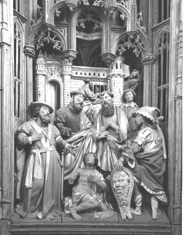 Retabel met scènes uit het leven van Petrus, detail: Ontmoeting van Petrus en Paulus te Rome (?)