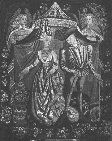 Tapisserie (detail): echtpaar onder baldakijn (Charles d'Orleans en zijn derde vrouw Maria van Kleef)