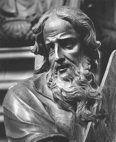 Preekstoel, detail: mannenhoofd (Mozes)