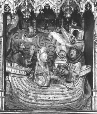 Sint Dymphna retabel, detail: Dymphna scheepgaand naar Vlaanderen