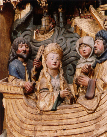 Sint Dymphna retabel, detail: haar aankomst te Antwerpen met haar muzikant, hofdame en priester Gerebernus