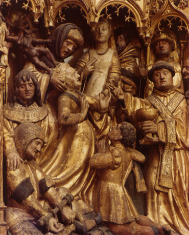 Sint Dymphna retabel, detail: sint Dymphna geneest een geesteszieke