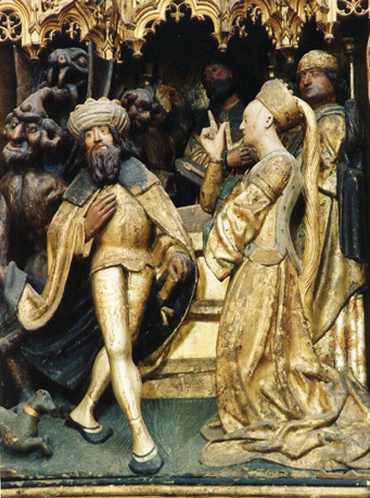 Sint Dymphna retabel, detail: sint Dymphna berispt haar vader