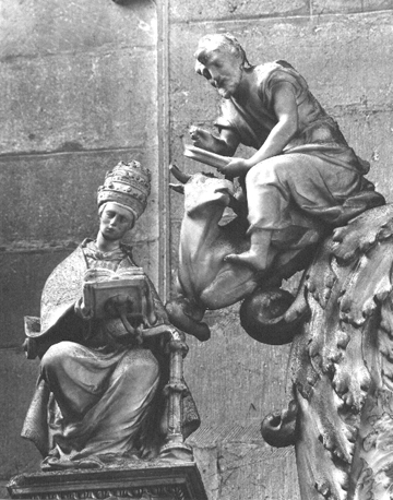 Retabel, detail:  evangelist Lucas en (links) een kerkvader