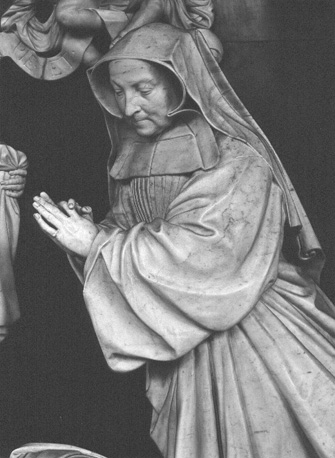 Grafmonument van de abdis Anna Catarina de Lamboy met de Graflegging van Christus, detail: knielende abdis