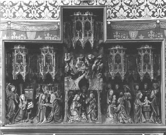 Mariaretabel met scènes uit het leven van Maria: annunciatie, visitatie, geboorte, aanbidding door de wijzen en presentatie in de tempel