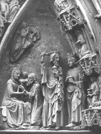 "Portail de la Vierge"  met scènes uit het kerstverhaal in timpaan, detail: Aanbidding van de koningen