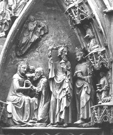 "Portail de la Vierge"  met scènes uit het kerstverhaal in timpaan, detail: Aanbidding van de koningen