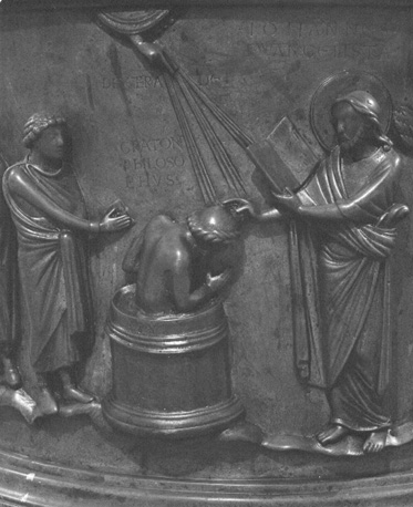 Doopvont, detail: Johannes de Evangelist doopt de filosoof Craton