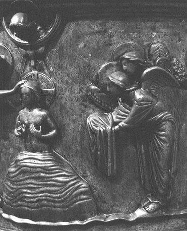 Doopvont, detail: doop van Christus, engelen