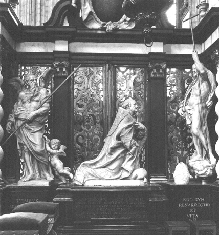 Koor, Grafmonument van aartsbisschop Andreas Cruesen; links: personificatie van de Tijd; rechts: de verrezene Christ