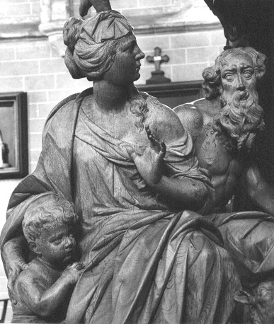 Preekstoel, laagste deel met de parabel van de Goede Herder, detail: man en vrouw (met kind) luisteren naar Christus
