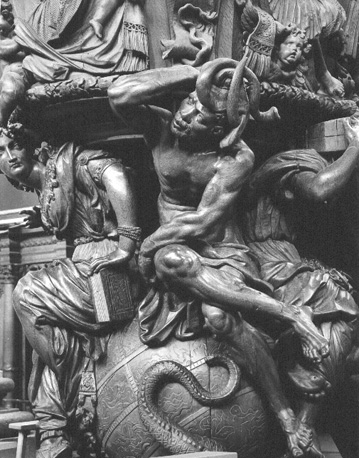 Kansel, basis, detail: menselijke figuren op een globe