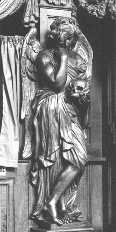 Biechtstoel, detail: Engel met een schedel