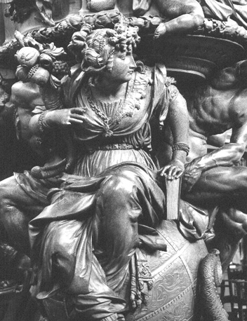 Preekstoel, basis, detail: vrouwenfiguur op een globe
