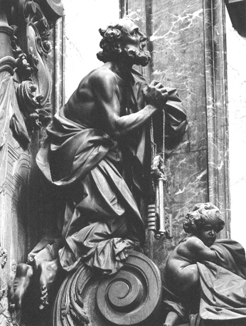 Zuidelijke zijbeuk (vanuit het oosten), biechtstoel, detail: Knielende Petrus