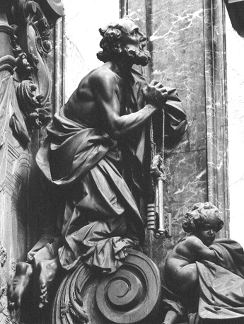 Zuidelijke zijbeuk (vanuit het oosten), biechtstoel, detail: Knielende Petrus