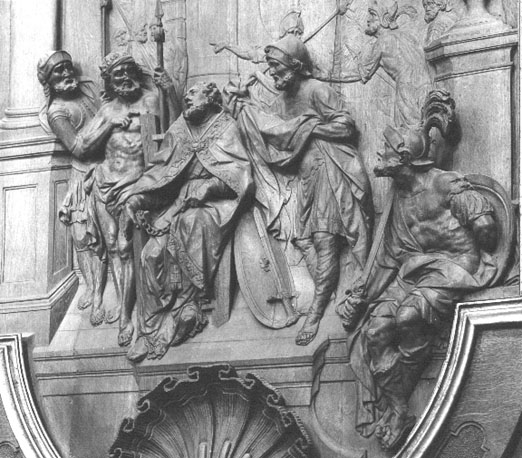 Noordelijke zijbeuk, reliëfs met scènes uit het leven van de heilige Cyprianus, detail: Cyprianus in gevangenschap, bespot door soldaten