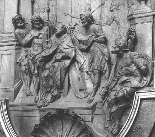 Noordelijke zijbeuk, reliëfs met scènes uit het leven van de heilige Cyprianus, detail: Cyprianus in gevangenschap, bespot door soldaten