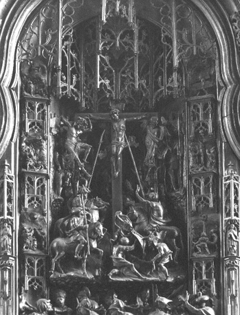 Passieretabel, detail: Christus aan het kruis, met de soldaten Longinus en Stephaton